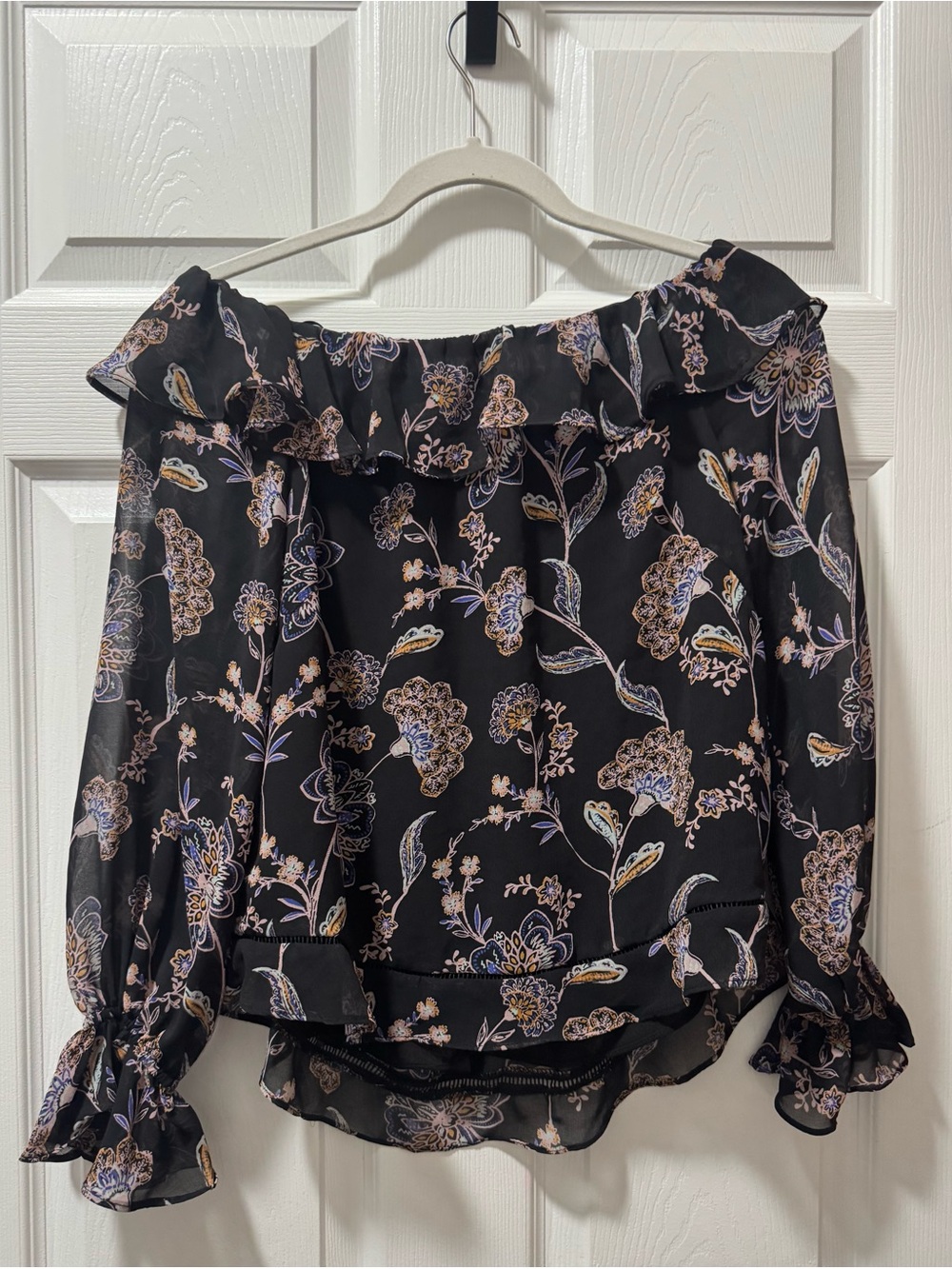 Olivaceous Black Floral Off-Shoulder Ruffle Blouse